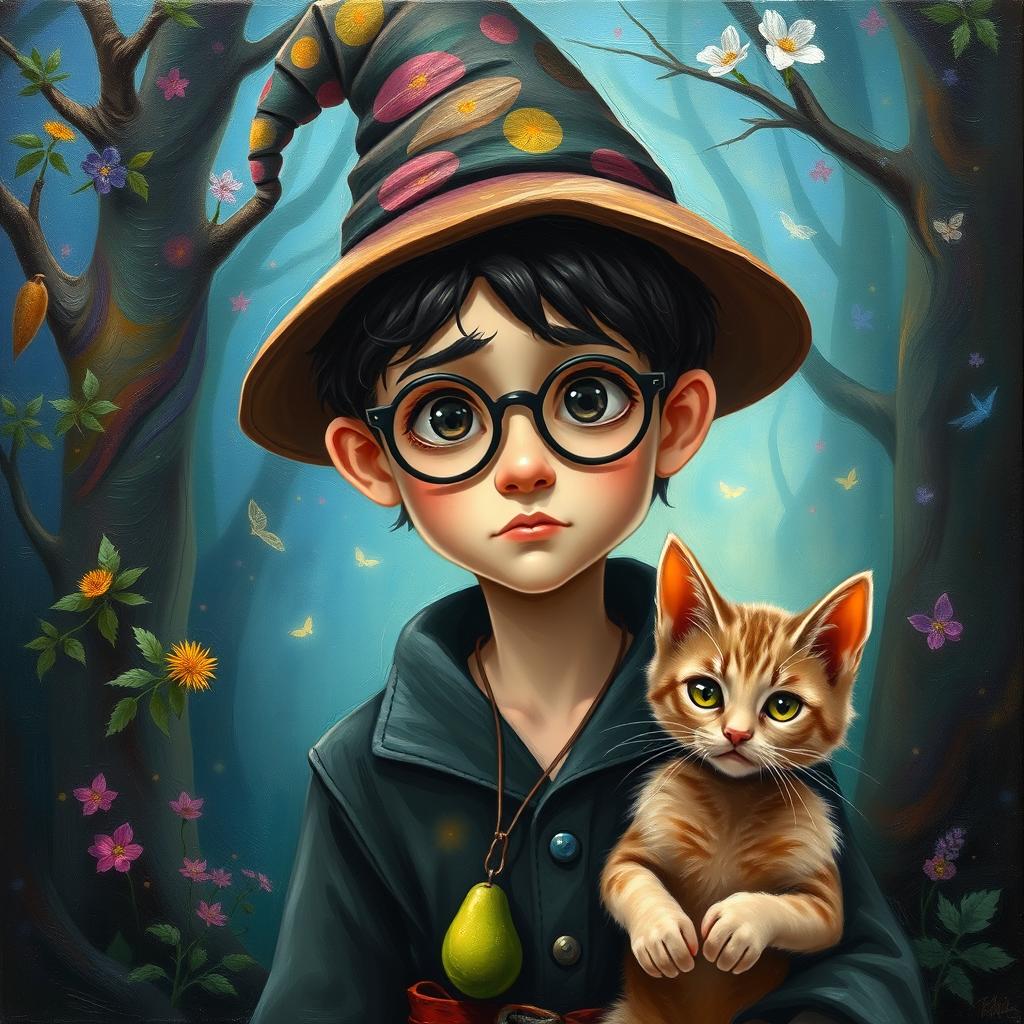 A creative oil painting of a young wizard with a slightly sad expression