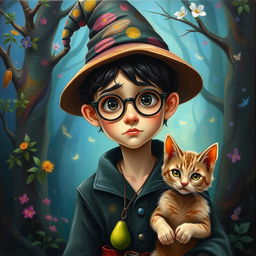 A creative oil painting of a young wizard with a slightly sad expression