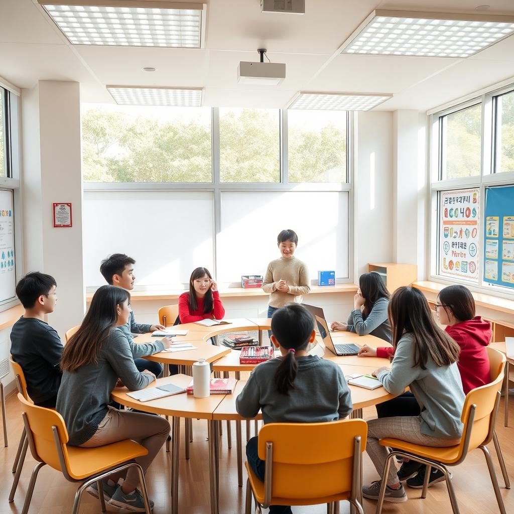 A bright, modern classroom with large windows