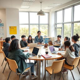 A bright, modern classroom with large windows