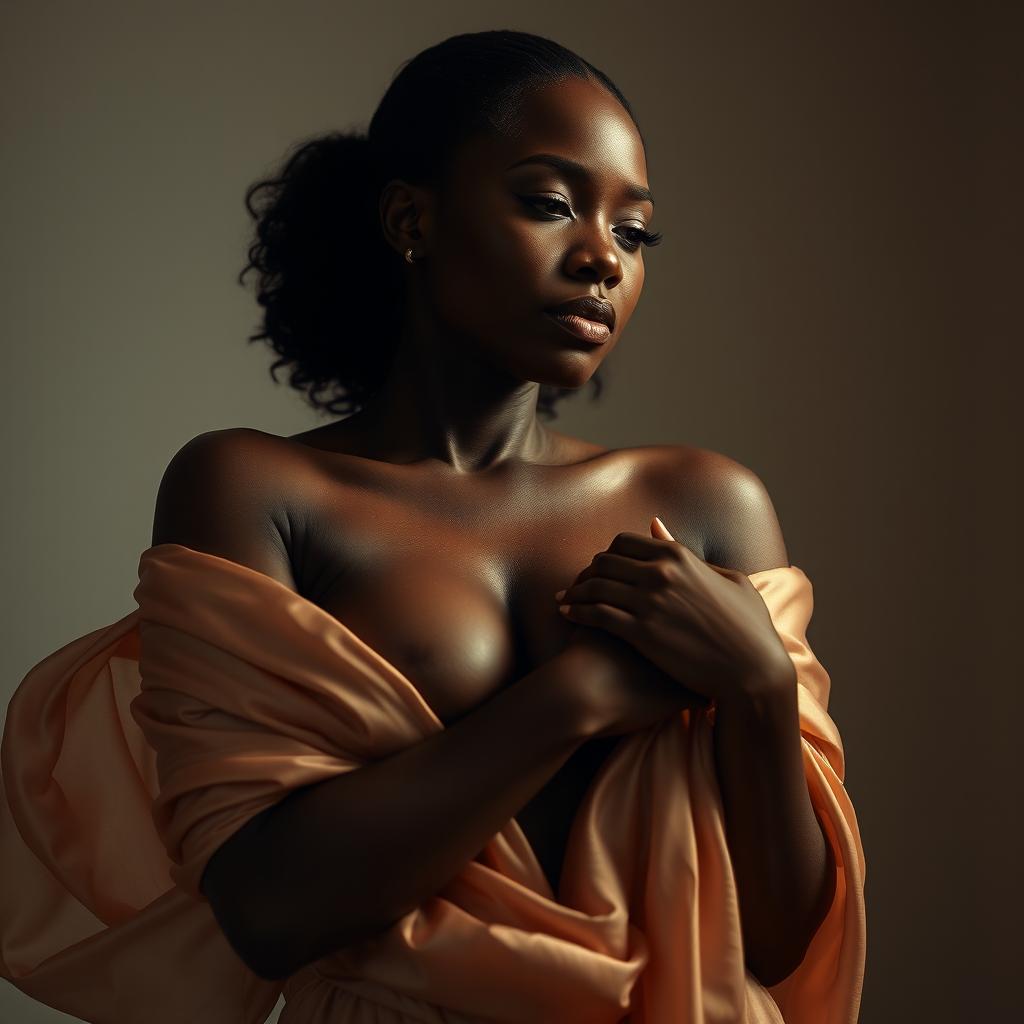 A sensual and artistic portrayal of a confident Black woman embracing her femininity, captured in a way that emphasizes elegance and beauty