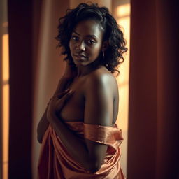 A sensual and artistic portrayal of a confident Black woman embracing her femininity, captured in a way that emphasizes elegance and beauty