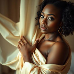 A sensual and artistic portrayal of a confident Black woman embracing her femininity, captured in a way that emphasizes elegance and beauty