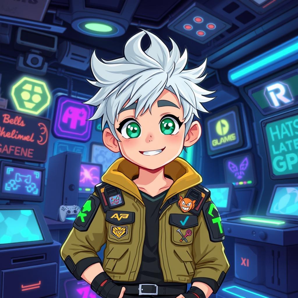 An illustration of Klura, a whimsical and adventurous teenage boy with silvery hair that shines in the light, styled in a messy and energetic manner