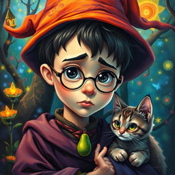 A creative oil painting of a young wizard with a slightly sad expression, wearing a small avocado-shaped pendant necklace