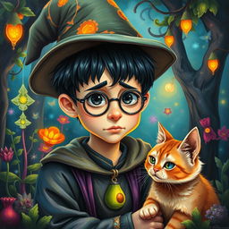 A creative oil painting of a young wizard with a slightly sad expression, wearing a small avocado-shaped pendant necklace