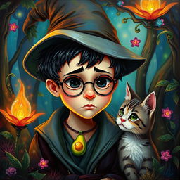 A creative oil painting of a young wizard with a slightly sad expression, wearing a small avocado-shaped pendant necklace
