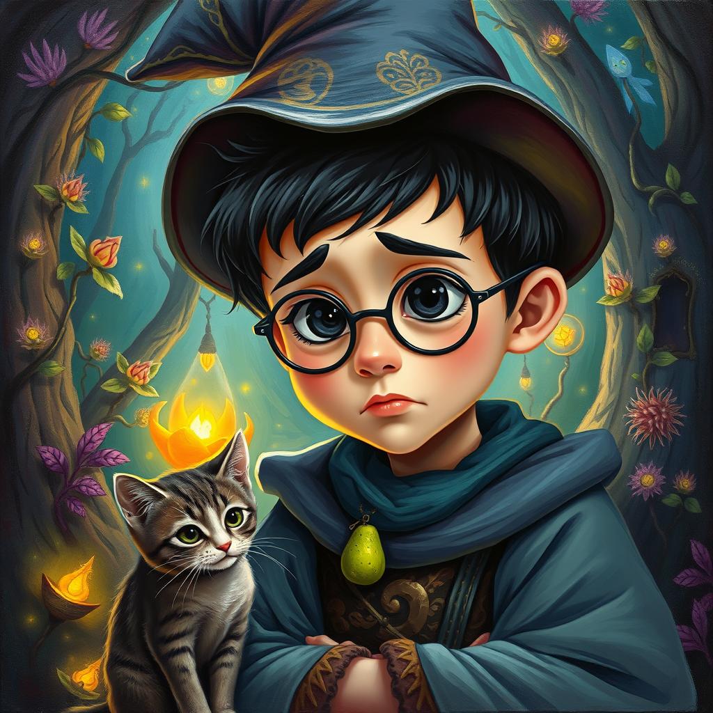 A creative oil painting of a young wizard with a slightly sad expression, wearing a small avocado-shaped pendant necklace