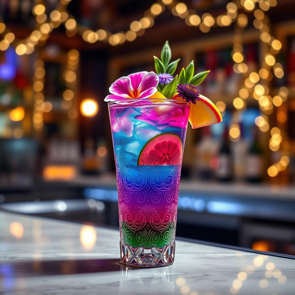An artistic interpretation of a 'gramonade', a fictional cocktail that perfectly blends vibrant colors and unique textures
