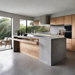 An architecturally designed modern kitchen, featuring sleek concrete benchtops, a unique sculptural island bench as the centerpiece, and classic timber cupboards adding warmth to the overall aesthetic.