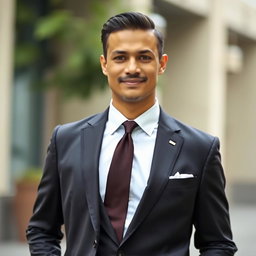 A portrait of a person wearing formal attire, showcasing an elegant suit with a crisp dress shirt, a neatly tied tie, and polished dress shoes