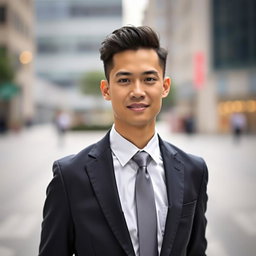 A portrait of a person wearing formal attire, showcasing an elegant suit with a crisp dress shirt, a neatly tied tie, and polished dress shoes
