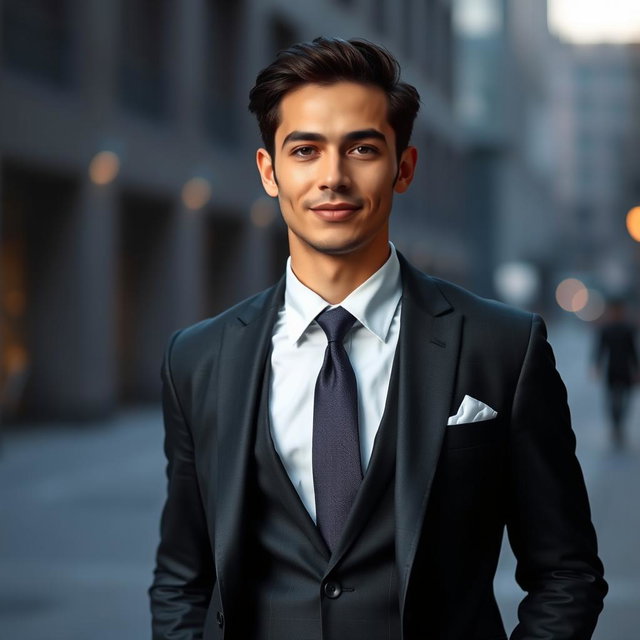 A portrait of a person wearing formal attire, showcasing an elegant suit with a crisp dress shirt, a neatly tied tie, and polished dress shoes