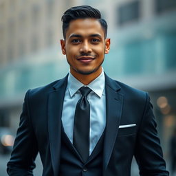 A portrait of a person wearing formal attire, showcasing an elegant suit with a crisp dress shirt, a neatly tied tie, and polished dress shoes