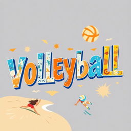 A vibrant and dynamic word art design featuring the word 'Volleyball' artistically arranged in various fonts and sizes