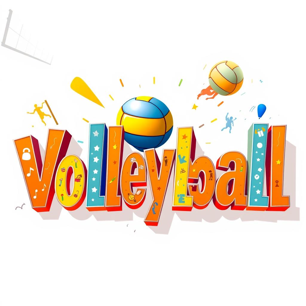 A vibrant and dynamic word art design featuring the word 'Volleyball' artistically arranged in various fonts and sizes