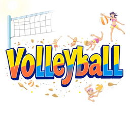 A vibrant and dynamic word art design featuring the word 'Volleyball' artistically arranged in various fonts and sizes