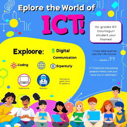 A colorful and educational poster designed for an ICT (Information and Communication Technology) class aimed at students in grades 6 through 11