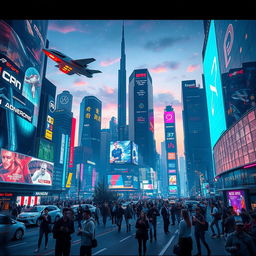 A futuristic cityscape at dusk filled with advanced technology and glowing neon lights, showcasing flying cars zooming through the sky, skyscrapers covered in digital screens, and people interacting with holographic devices
