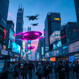 A futuristic cityscape at dusk filled with advanced technology and glowing neon lights, showcasing flying cars zooming through the sky, skyscrapers covered in digital screens, and people interacting with holographic devices