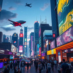 A futuristic cityscape at dusk filled with advanced technology and glowing neon lights, showcasing flying cars zooming through the sky, skyscrapers covered in digital screens, and people interacting with holographic devices