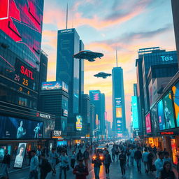 A futuristic cityscape at dusk filled with advanced technology and glowing neon lights, showcasing flying cars zooming through the sky, skyscrapers covered in digital screens, and people interacting with holographic devices