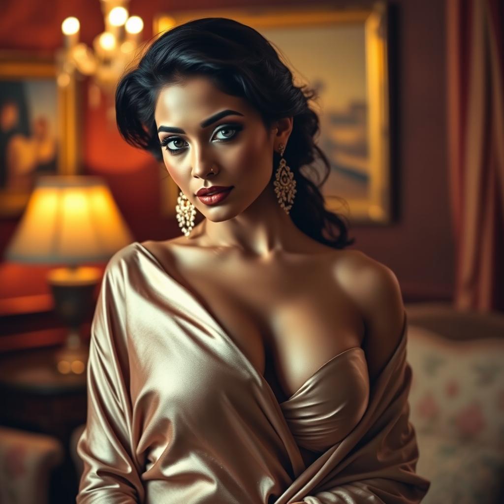 A sensual portrait of an elegant woman inspired by the Bollywood actress Kajol, featuring her in a confident and alluring pose