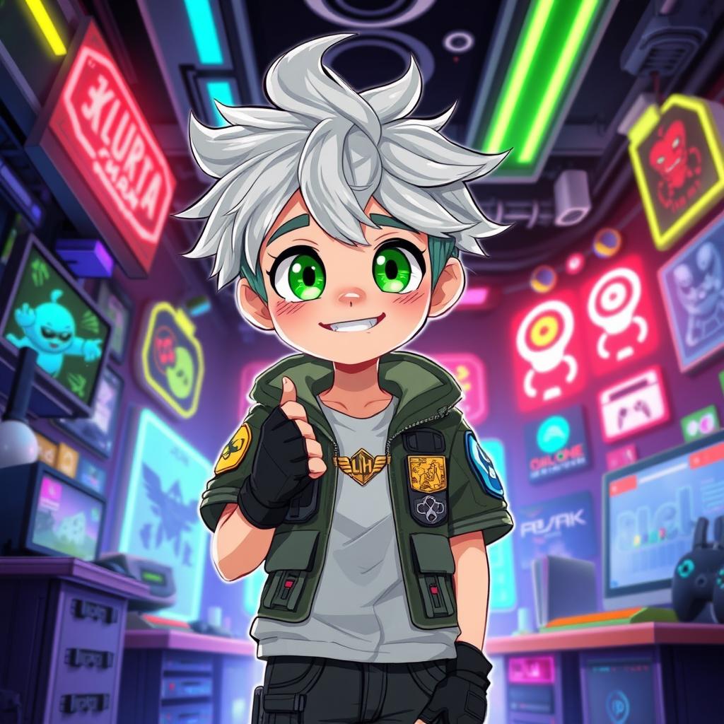 An illustration of Klura, a whimsical and adventurous teenage boy with silvery hair that shines in the light, styled in a messy and energetic manner