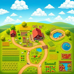 A vibrant top-down view map for a farm simulation game, showcasing lush green fields, winding dirt paths, and diverse crops including corn, wheat, and tomatoes