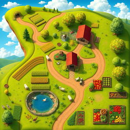 A vibrant top-down view map for a farm simulation game, showcasing lush green fields, winding dirt paths, and diverse crops including corn, wheat, and tomatoes