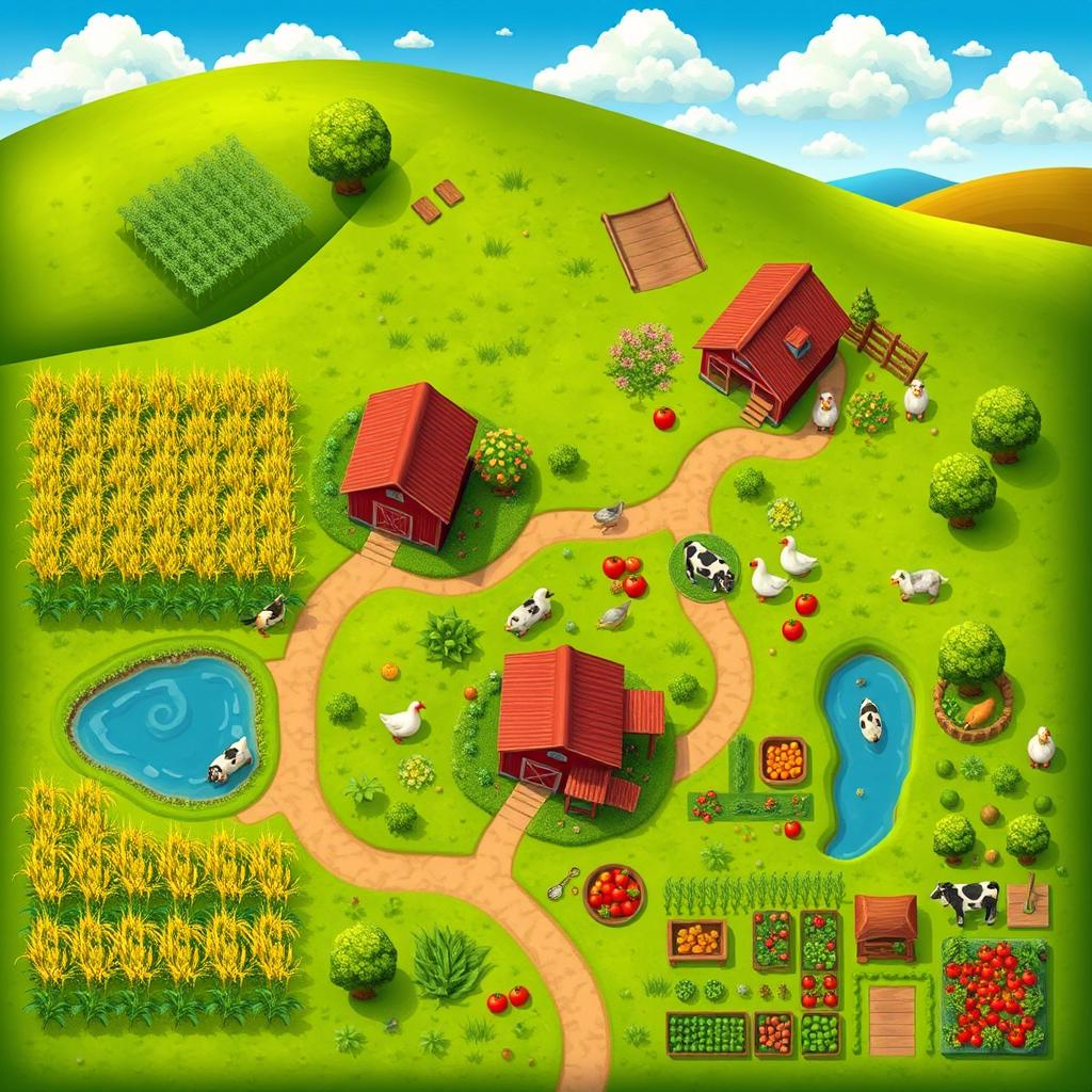A vibrant top-down view map for a farm simulation game, showcasing lush green fields, winding dirt paths, and diverse crops including corn, wheat, and tomatoes
