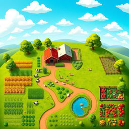 A vibrant top-down view map for a farm simulation game, showcasing lush green fields, winding dirt paths, and diverse crops including corn, wheat, and tomatoes