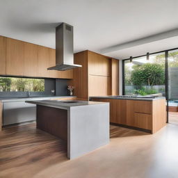 An architecturally designed modern kitchen, featuring sleek concrete benchtops, a unique sculptural island bench as the centerpiece, and classic timber cupboards adding warmth to the overall aesthetic.