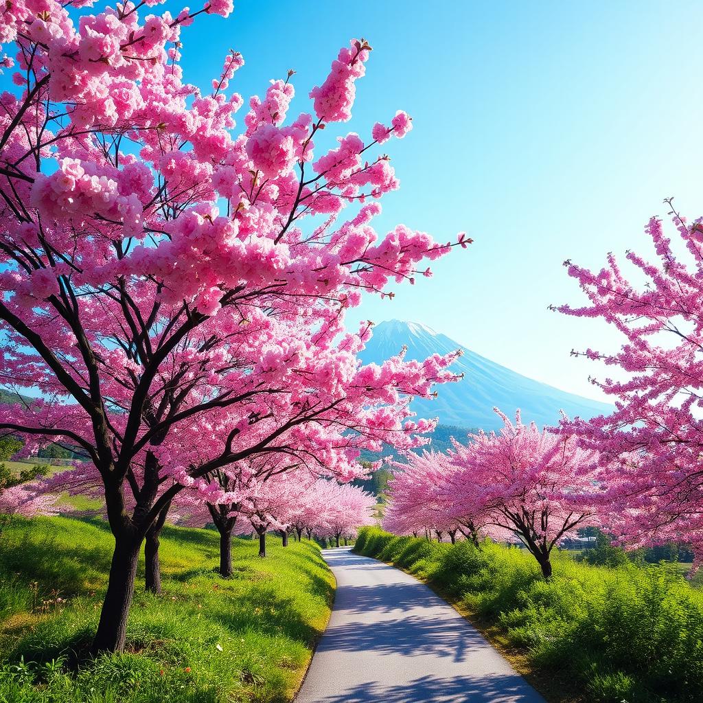 A beautiful landscape featuring cherry blossom trees in full bloom, with vibrant pink flowers scattered throughout