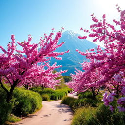 A beautiful landscape featuring cherry blossom trees in full bloom, with vibrant pink flowers scattered throughout