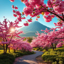 A beautiful landscape featuring cherry blossom trees in full bloom, with vibrant pink flowers scattered throughout