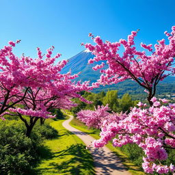 A beautiful landscape featuring cherry blossom trees in full bloom, with vibrant pink flowers scattered throughout
