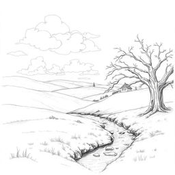 A beautifully detailed pencil sketch of a serene landscape featuring rolling hills, a gentle stream flowing through the foreground, and a grand old tree with sprawling branches on the right side