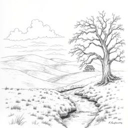 A beautifully detailed pencil sketch of a serene landscape featuring rolling hills, a gentle stream flowing through the foreground, and a grand old tree with sprawling branches on the right side