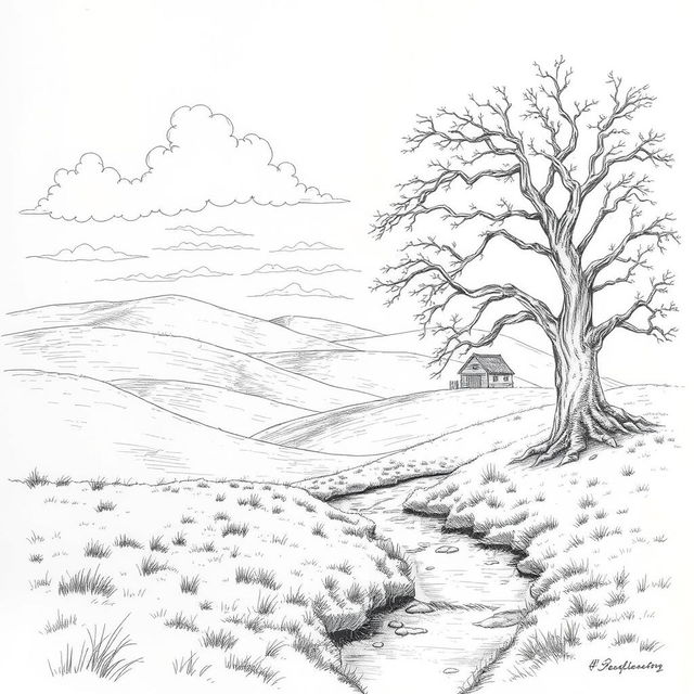 A beautifully detailed pencil sketch of a serene landscape featuring rolling hills, a gentle stream flowing through the foreground, and a grand old tree with sprawling branches on the right side