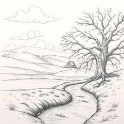 A beautifully detailed pencil sketch of a serene landscape featuring rolling hills, a gentle stream flowing through the foreground, and a grand old tree with sprawling branches on the right side