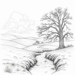 A beautifully detailed pencil sketch of a serene landscape featuring rolling hills, a gentle stream flowing through the foreground, and a grand old tree with sprawling branches on the right side
