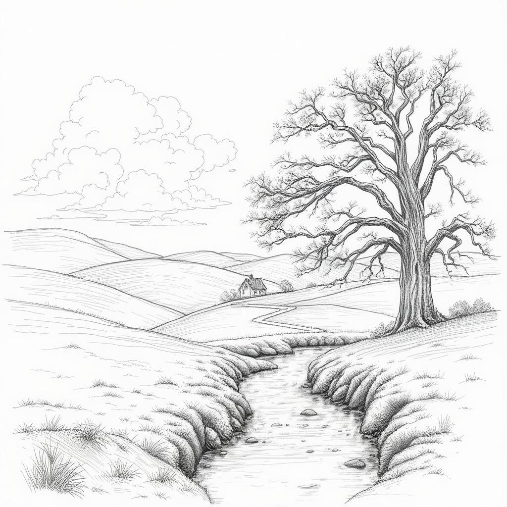 A beautifully detailed pencil sketch of a serene landscape featuring rolling hills, a gentle stream flowing through the foreground, and a grand old tree with sprawling branches on the right side