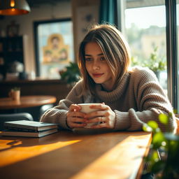 A cozy interior scene featuring a young adult casually leaning on a wooden table while drinking a steaming cup of coffee