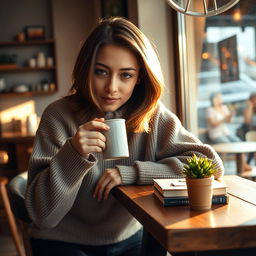 A cozy interior scene featuring a young adult casually leaning on a wooden table while drinking a steaming cup of coffee
