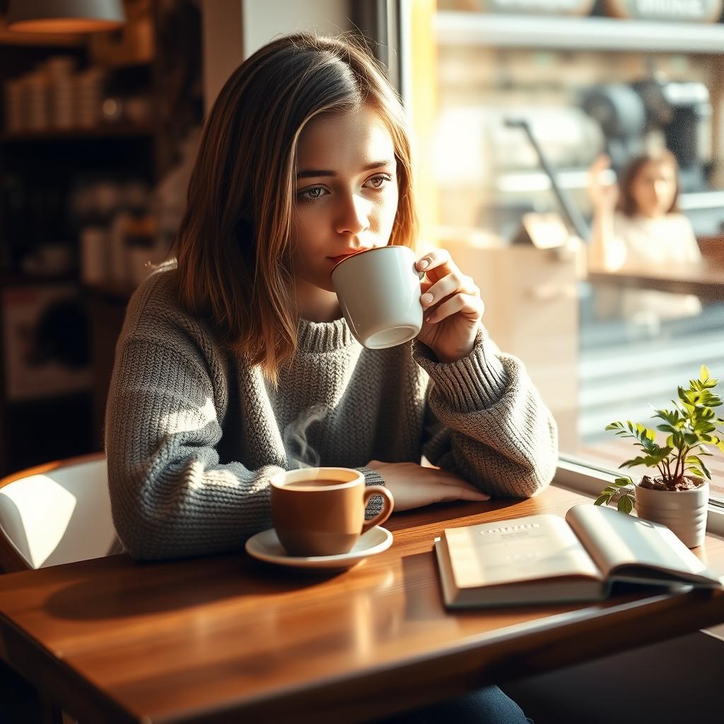 A cozy interior scene featuring a young adult casually leaning on a wooden table while drinking a steaming cup of coffee