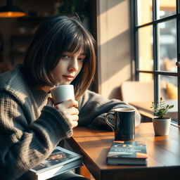 A cozy interior scene featuring a young adult casually leaning on a wooden table while drinking a steaming cup of coffee