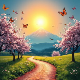 A beautiful landscape featuring cherry blossom trees lining a winding path leading to a majestic mountain