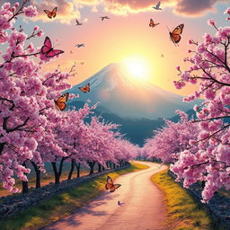 A beautiful landscape featuring cherry blossom trees lining a winding path leading to a majestic mountain