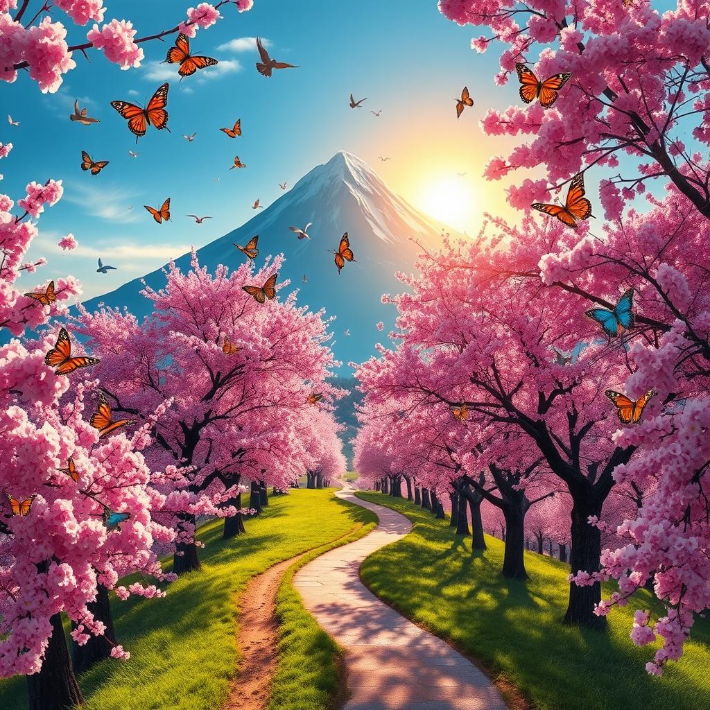 A beautiful landscape featuring cherry blossom trees lining a winding path leading to a majestic mountain